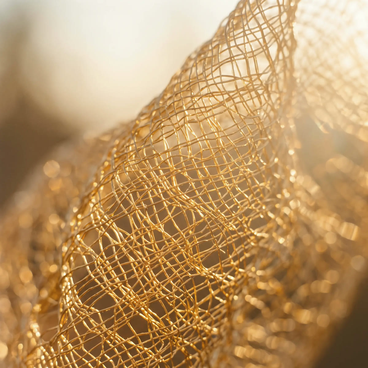 A fine golden lattice backlit by a low sun, holding together as one continuous surface