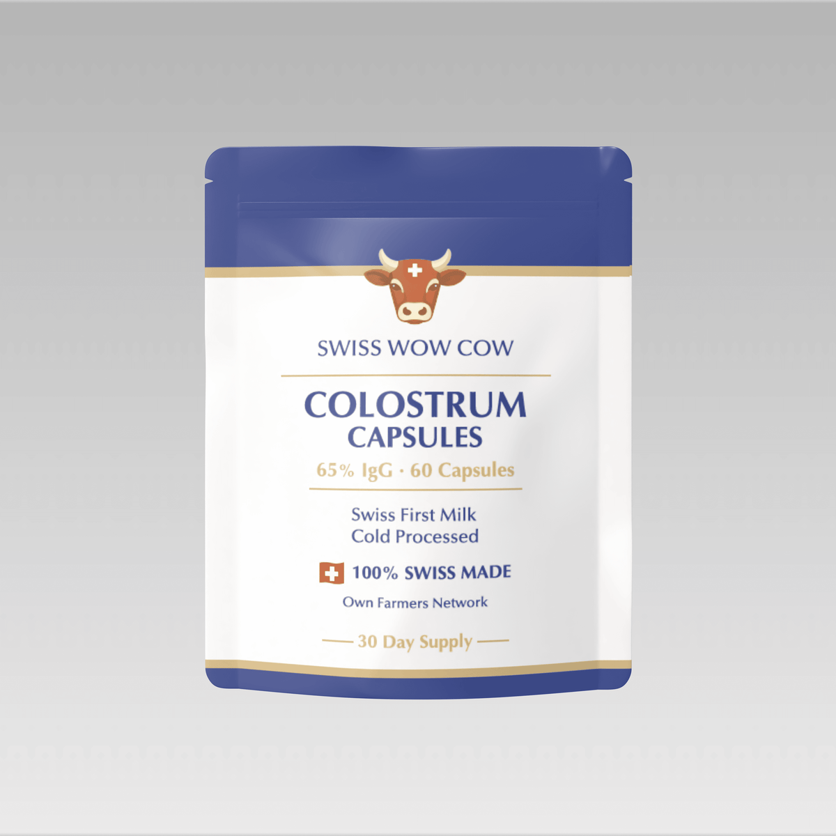 alt
Swiss Wow Cow Colostrum Capsules, 65% IgG, 60-count, cold-processed, 100% Swiss-made, with cow graphic.