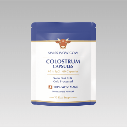 alt
Swiss Wow Cow Colostrum Capsules, 65% IgG, 60-count, cold-processed, 100% Swiss-made, with cow graphic.