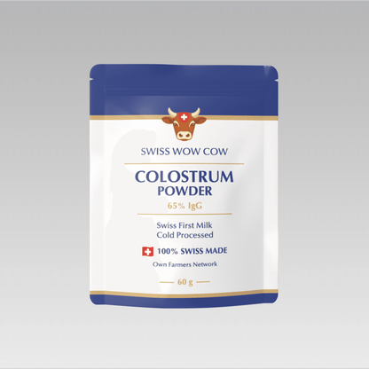 alt
Swiss Wow Cow Colostrum Powder, 60g pack, cold-processed, 65% IgG, featuring blue and white packaging with a cow graphic.