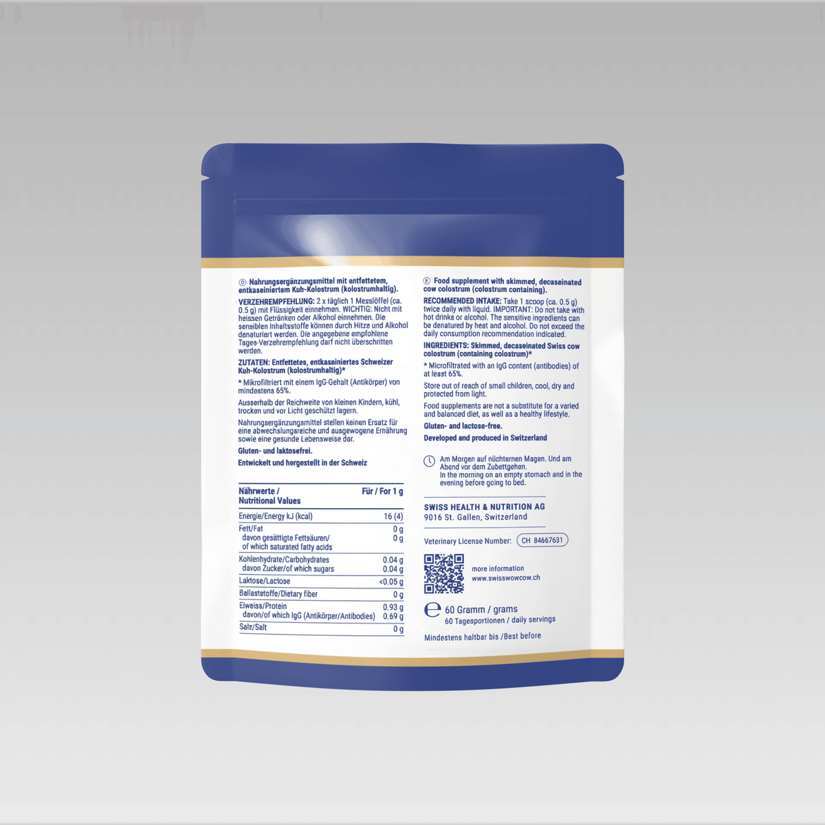"Nutritional supplement powder bag, blue and white packaging, detailed ingredient list on back, health-focused design."