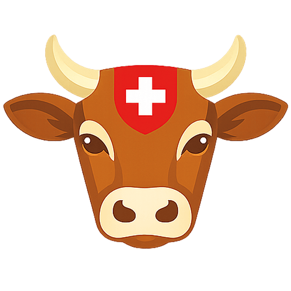 Brown cow head illustration with a red Swiss cross on its forehead, perfect for dairy-themed designs or decor.