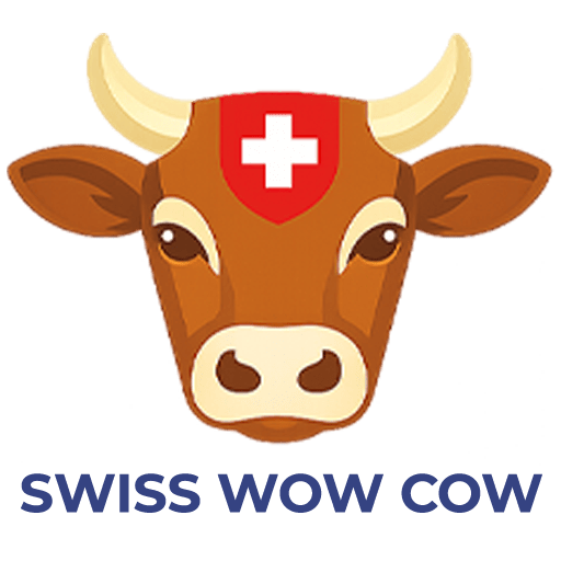 Illustration of a brown Swiss cow with a red Swiss cross on its forehead, featuring cartoonish style and bold colors.