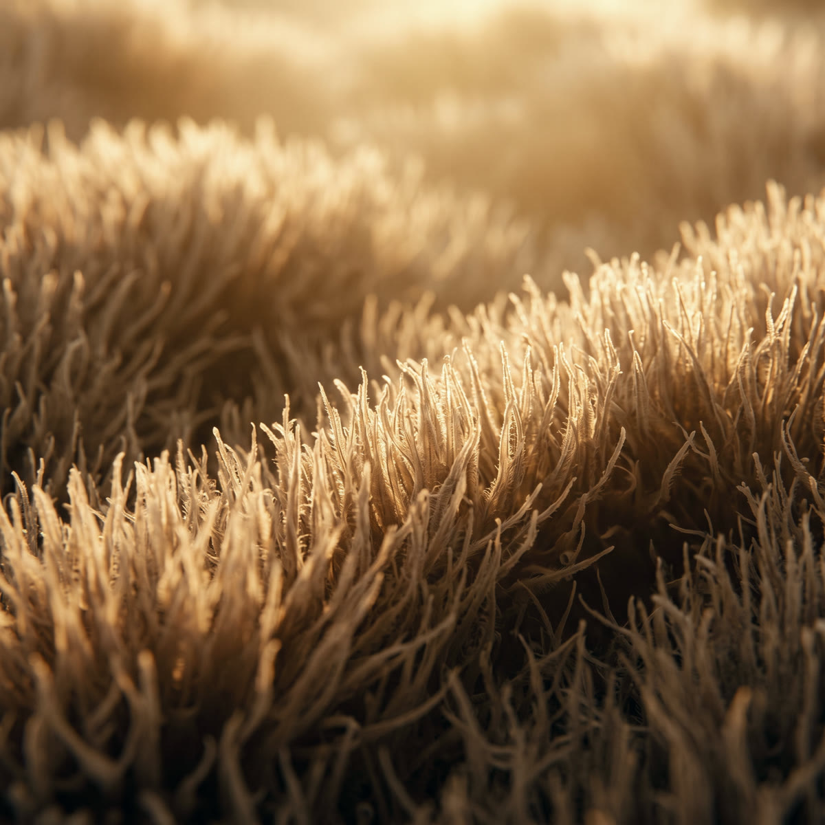 Macro of a dense field of fine upright fronds lit from behind, the form the gut lining takes